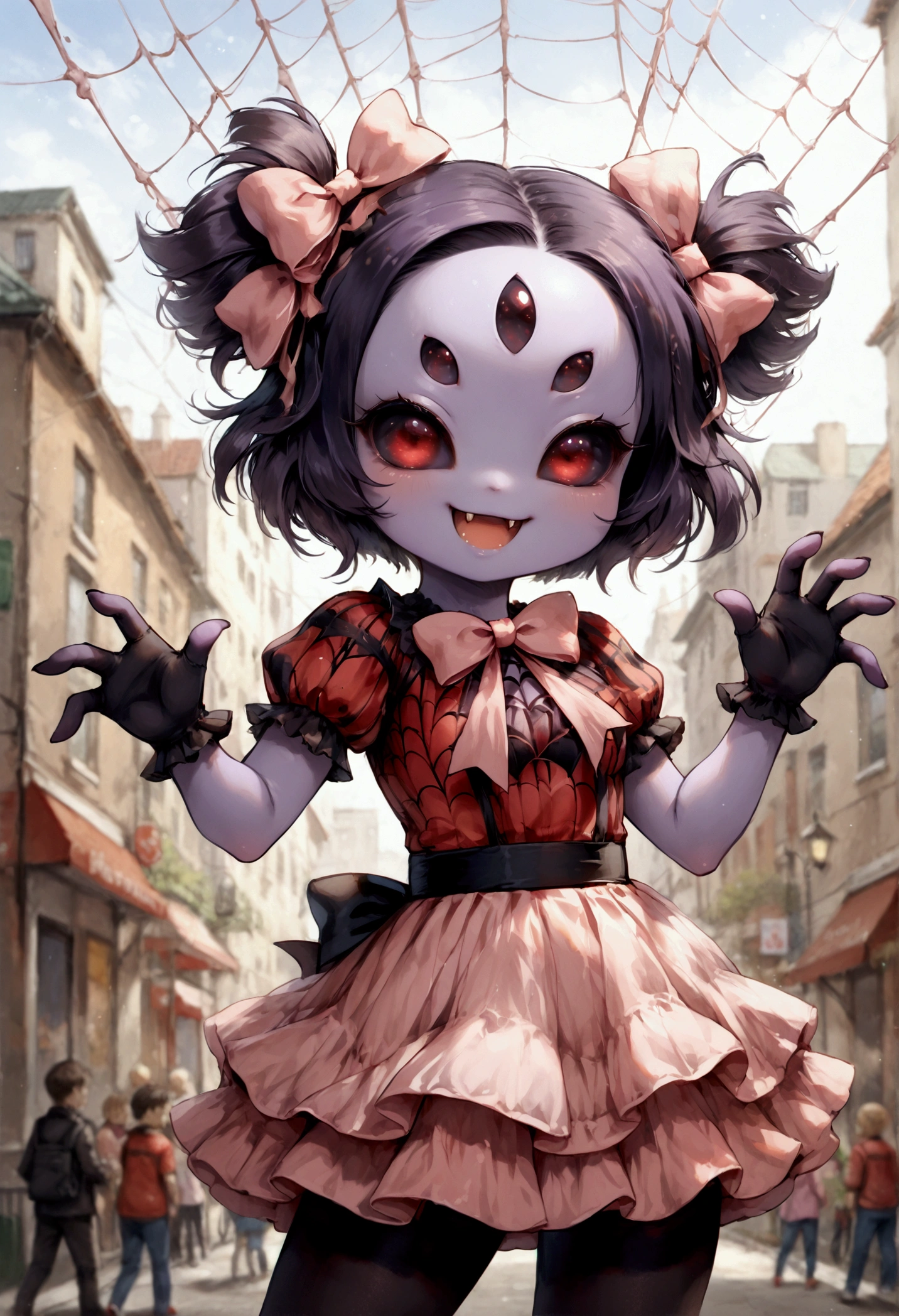  source_anime,source_furry,rating_safe,rating_questionable,masterpiece, best quality, perfect anatomy , very aesthetic , absurdres,solo,1girl\(muffet,cute,chibi,monster girl,purple skin,humanoid, arachnid, anthro,(fangs),twin tails,hair bow,5 eyes,spider girl,6 arms, 6 hands,black sclera,red eyes, evil smile, clothed, beautiful spider webs, tight red shirts,pink ribbon tie, tight pink bloomers,,black arm cover, black pantyhose,\), from below,cute pose,small spiders