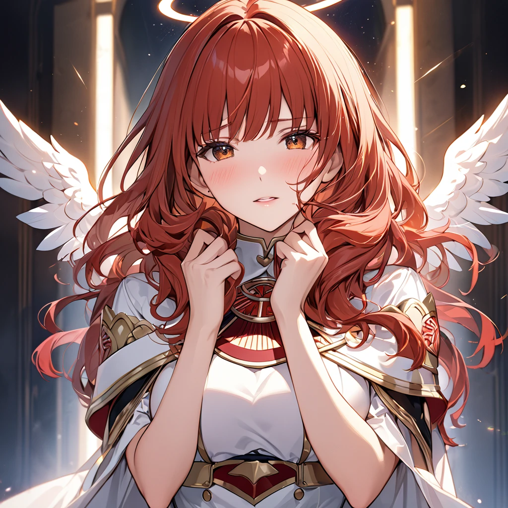 ((Highest quality)), ((masterpiece)), (detailed), （Perfect Face）The woman is a Celica with red hair.、The woman is blessed by God and brainwashed into becoming an angel loyal to God.