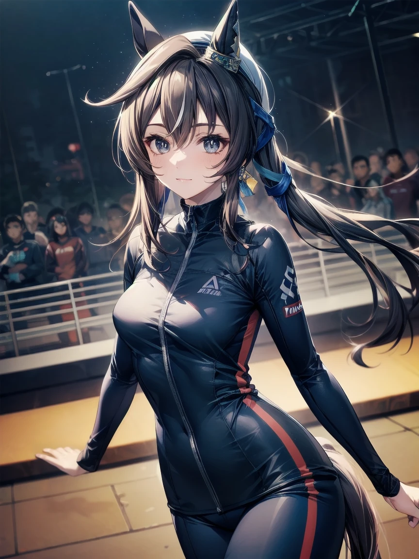 Cowboy Shot,,vivlos \(umamusume\), hair ornaments, Medium chest, Horse tail,(Racing Suit),masterpiece,Noise Reduction,Perfect Anatomy,High resolution, Very detailed, Very detailed face,Game CG,Dutch Angle ,Beautiful attention to detail,Visual Arts,Five Fingers, Perfect hands, Perfect lighting, Sparkling Eyes,