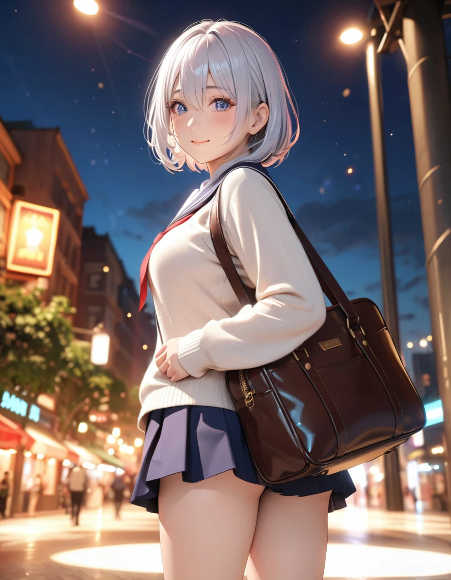 masterpiece, glowing particles, ambient lights, cute, 8K, hdr, high details, perfect lighting, perfect anatomy, BREAK (shiny silver hair:1.2), (bob cut, bang between eyes, beautiful hair), (glossy silver eyes:1.5), (beautiful eyes, twinkle eyes, large eyes), (athlete body, large breasts), cute face, beautiful face, pretty face, beautiful, best quality, good anatomy, long eyelashes, expressive eyes, Perfect Hands, perfecteyes, BREAK morning, high school uniform, beige cardigan, city walk, holding school bag, (jumping, in the air), looking back, (close right eye), embarrassed, happy, laugh,