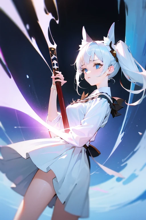 Beautiful anime girl with white hair, blue eyes, And a delicate face, wearing cute white dress, A playful and bright look, Ultra-high resolution, masterpiece, Highest quality, Very detailed, accurate twin tails, Animal ears, lolita with Animal ears, Motion Illustration, Speed Line, Anime Style,大きいax,Carrying,Carrying a weapon,ax,Axe