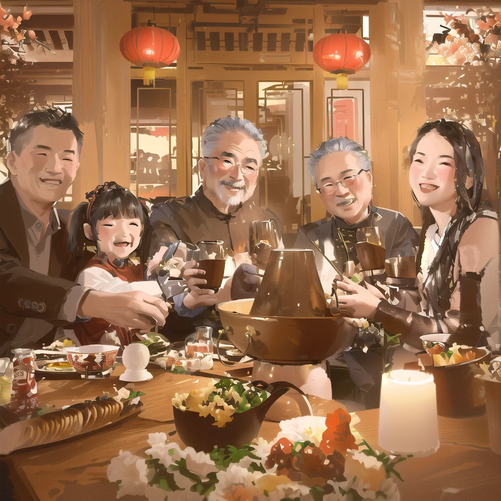 Mid-Autumn Festival，Family of five，（grandfather，grandmother，dad，Mother，）Family dinner together，Sit around the table, Happy, Delicious Chinese food on the table， Warm and convivial atmosphere, Digital Illustration, Illustration poster, child, Digital Illustration , Chinese,