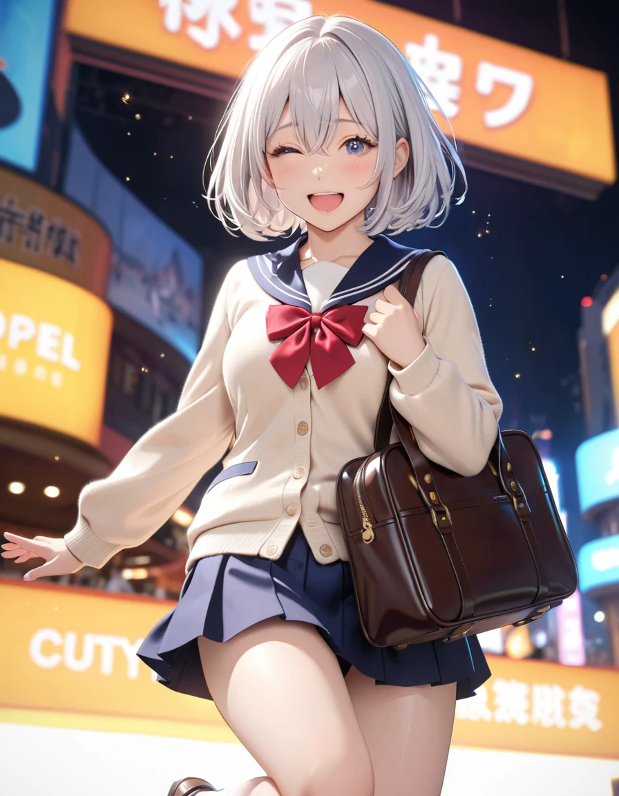 masterpiece, glowing particles, ambient lights, cute, 8K, hdr, high details, perfect lighting, perfect anatomy, BREAK (shiny silver hair:1.2), (bob cut, bang between eyes, beautiful hair), (glossy silver eyes:1.5), (beautiful eyes, twinkle eyes, large eyes), (athlete body, large breasts), cute face, beautiful face, pretty face, beautiful, best quality, good anatomy, long eyelashes, expressive eyes, Perfect Hands, perfecteyes, BREAK sunny morning, high school uniform, beige cardigan, at city walk, holding school bag, (jumping:1.2), (in the air:1.2), (close right eye), embarrassed, happy, laugh, Peace sign