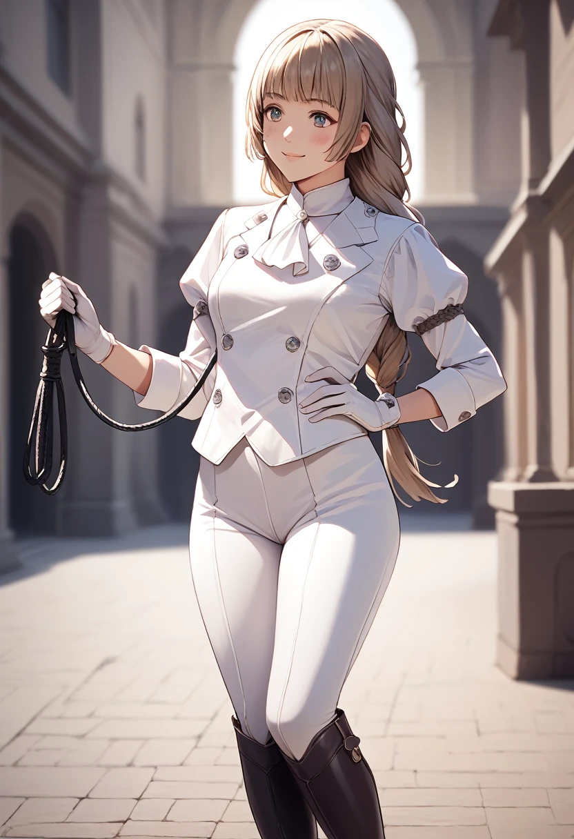 score_9, score_8_superior, score_7_superior, bangs、Braided Ponytail, One girl, White satin pants , White satin gloves, White shirt,Purple satin tailcoat and boots, Long sleeve, White Ascot、smile、blush、Holding a whip、Hands on hips