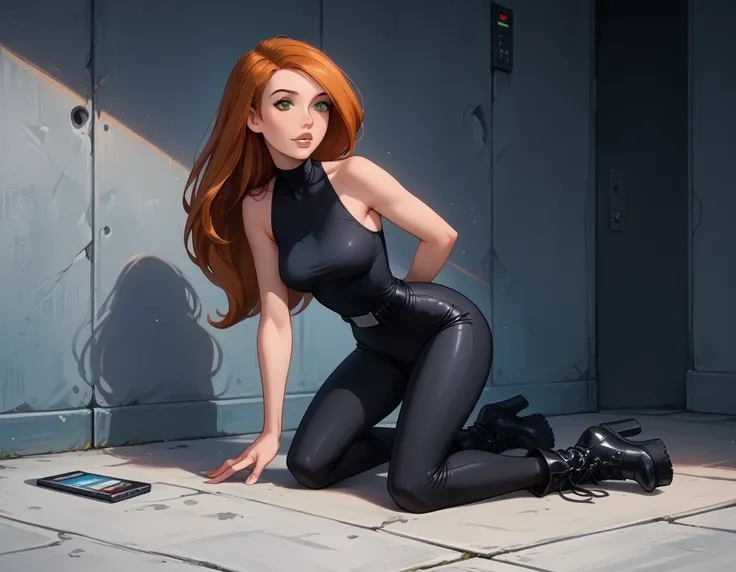 cinematic film still, solo, 1girl, break kim possible, narrow waist, perky breasts, black pvc catsuit, black utility belt, sleev...