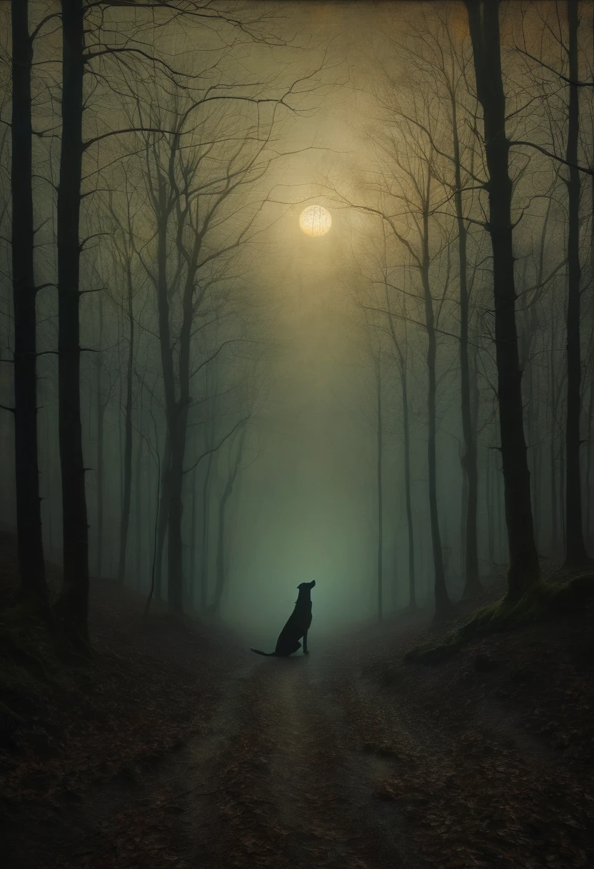 Hound of the Baskervilles. styles of John Atkinson Grimshaw - with a disturbing and grotesque world. The muted color palette and dry brush technique create a sense of calm. creepypasta (dark monochrome background) masterpiece, fabulous background) (Minimalism: 1). perfect body anatomy.
