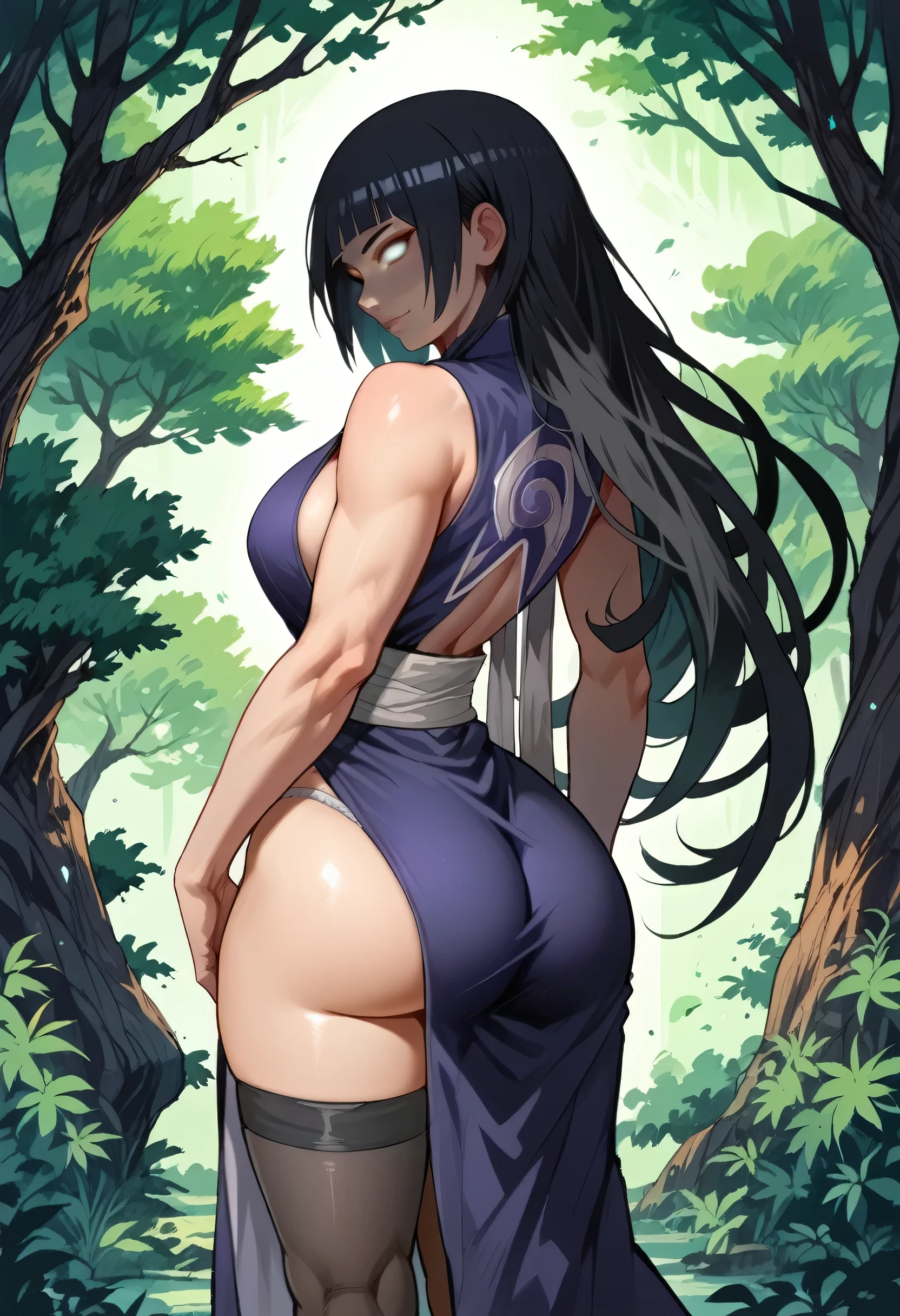 source_anime, best quality, clear face, Hinata Hyuga from Naruto Shippuden, Black hair, long hair, large breasts, perfect body, looking at viewer, smile, sexy Naruto Shippuden clothes, Purple mini dress, Black stockings, in the forest ​​at night, Standing up, big ass, looking back, open panties