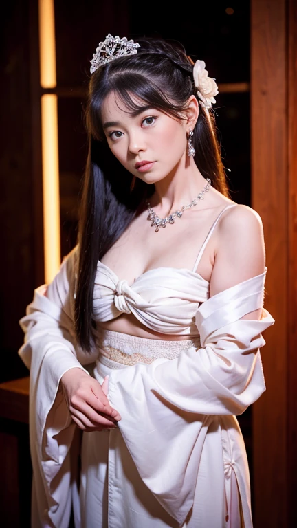 ((NSFW)), best quality, masterpiece, highres, 1girl, small round breasts, china hanfu, Earrings, (((Trendy hairstyles))), hair ornament, necklace, jewelry, Beautiful face, knee to top, tyndall effect, photorealistic, dark studio, rim lighting, two tone lighting, (high detailed skin:1.2), 8k uhd, dslr, soft lighting, high quality, volumetric lighting, candlelight, dark reflections, shadow not dark, highkey, Photograph, high resolution, 4k, 8k, Bokeh. From front, upper body cowboy shot of female model girl around 21-2. Female model girl is wearing china hanfu that is classic traditional clothing of Tang Dynasty period and white color and ancient oriental lone robe and made of very sheer and transparent silk so very see through bare skin, wearing nothing under her china hanfu, with closed her chest by her china hanfu, with all back covered by her china hanfu.
