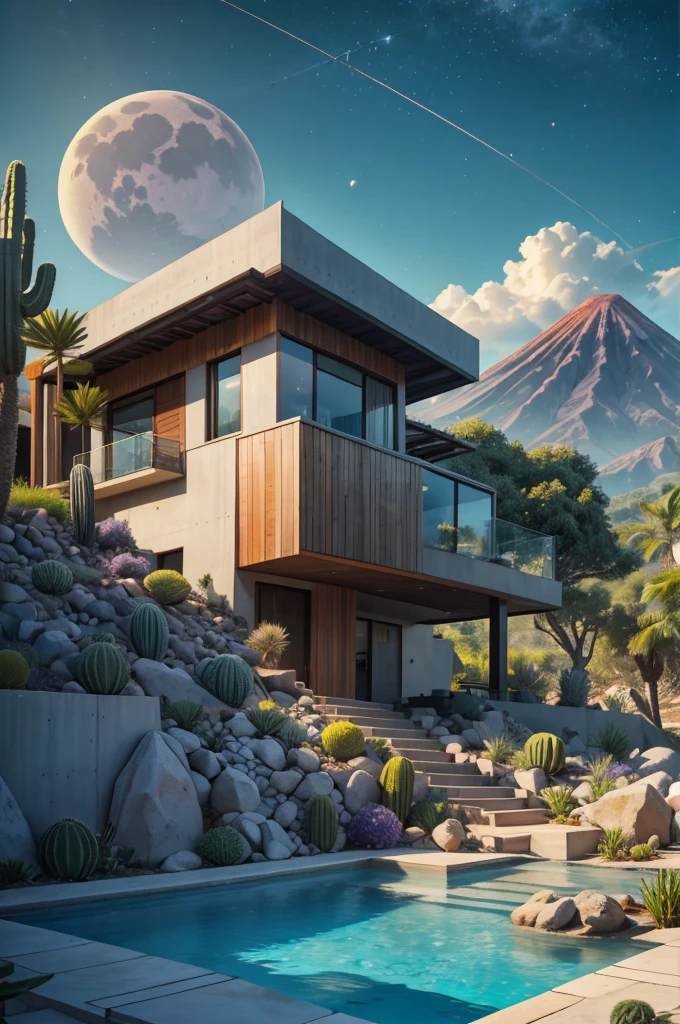 small and beautiful modern house in top of big boulders, terraces, pool, stairs, multiple cacti gardens, palms, trees, rocks, beautiful landscape design, mountains and volcano y background, amazing clouds, sun, moon, planets, milky way galaxy, concrete, wood, glass and steel materials, olive green, violet, orange and withe colors in facade