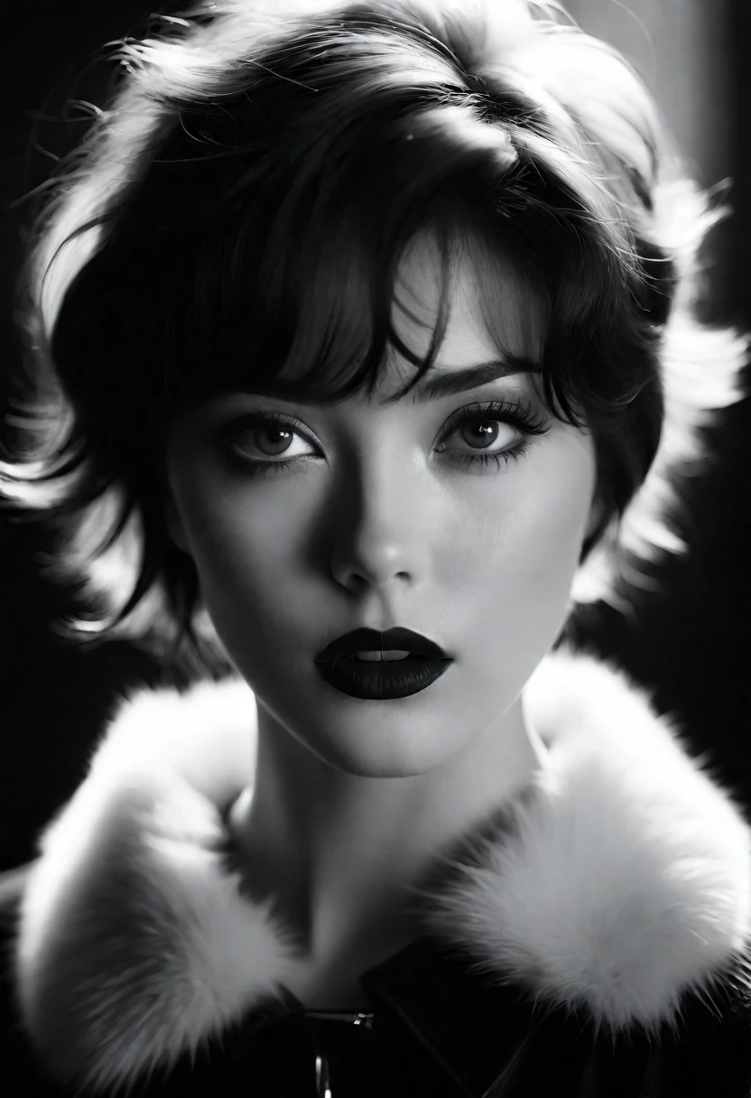 masterpiece, best quality, 1girl, looking at viewer, black and white photography, monochrome, high contrast, deep shadows, rich blacks, bright whites, short hair, wavy hair, dark hair, pale skin, dark lipstick, fur collar, detailed eyes, sharp focus, dramatic lighting, chiaroscuro, film grain