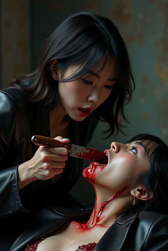 Korean girl eats mafia woman in leather suit、cannibalism、knife、meat、cadaver