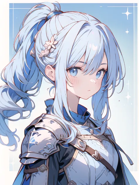 highest quality、absurd beauty、accurate hand drawing、detailed face、light blue hair、ponytail、knight、holding a gun