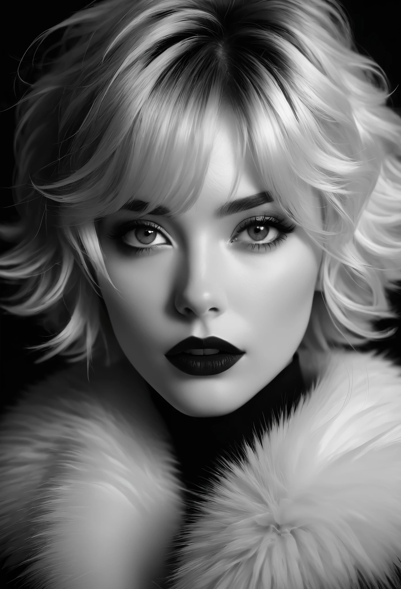 masterpiece, best quality, 1girl, looking at viewer, black and white photography, monochrome, high contrast, deep shadows, rich blacks, bright whites, short hair, wavy hair, dark hair, pale skin, dark lipstick, fur collar, detailed eyes, sharp focus, dramatic lighting, chiaroscuro, film grain