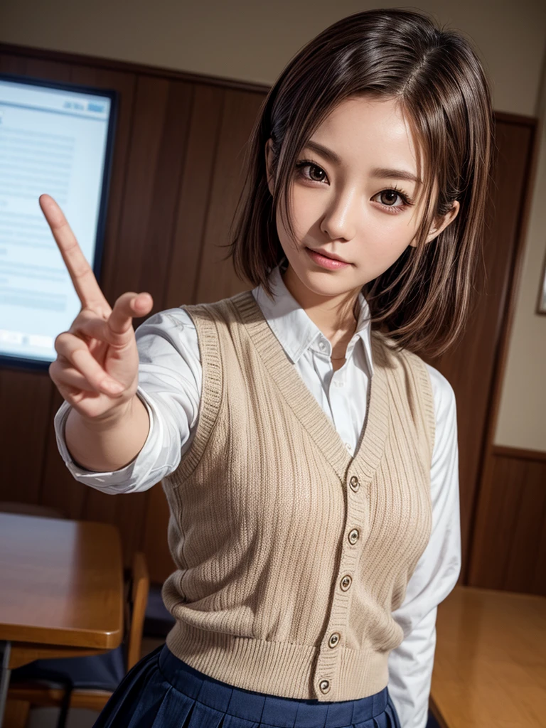 Masterpiece, Top Quality, Top Mikoto, brown eyes, short hair, small breasts, looking at viewer, alone, closed mouth, collared shirt, beige knit vest, dark blue  Skirt, school_uniform, shirt, white_shirt, classroom,Masterpiece, highest quality, 8K, detailed skin texture, fine cloth texture, beautiful detailed face, intricate details, super detailed,cute,cute posing,composition that shows the whole body, brown hair,Pointing a finger like a gun, aiming straight ahead, gun hand sign, detailed finger