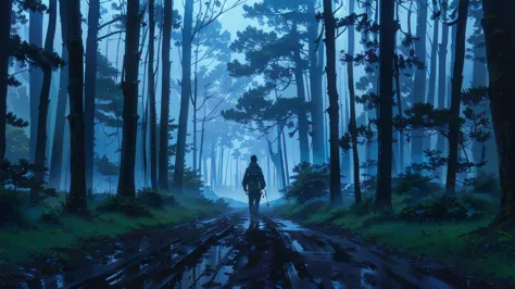 a man walking in a misty forest path, muddy path, silhouette against tall trees, blue twilight ambiance, gentle shadows, calm an...