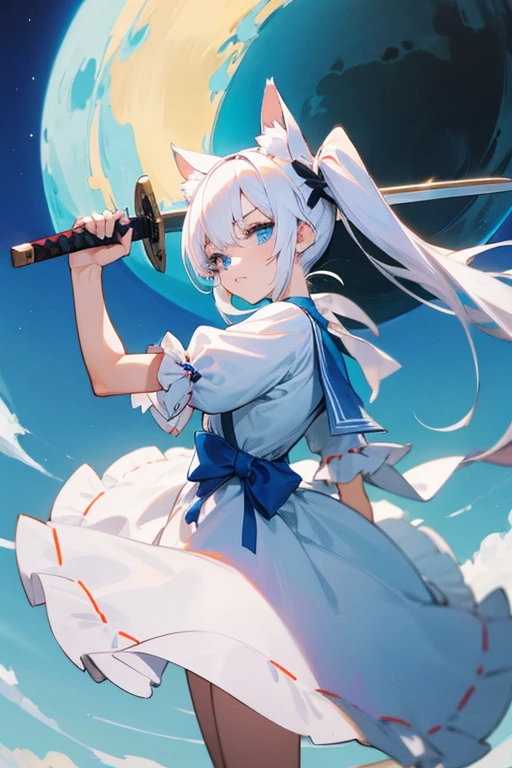 Beautiful anime girl with white hair, blue eyes, And a delicate face, wearing cute white dress, A playful and bright look, Ultra-high resolution, masterpiece, Highest quality, Very detailed, accurate twin tails, Animal ears, lolita with Animal ears, Anime Style,大きいax,Carrying,Carrying a weapon,ax,巨Large sword,Large sword