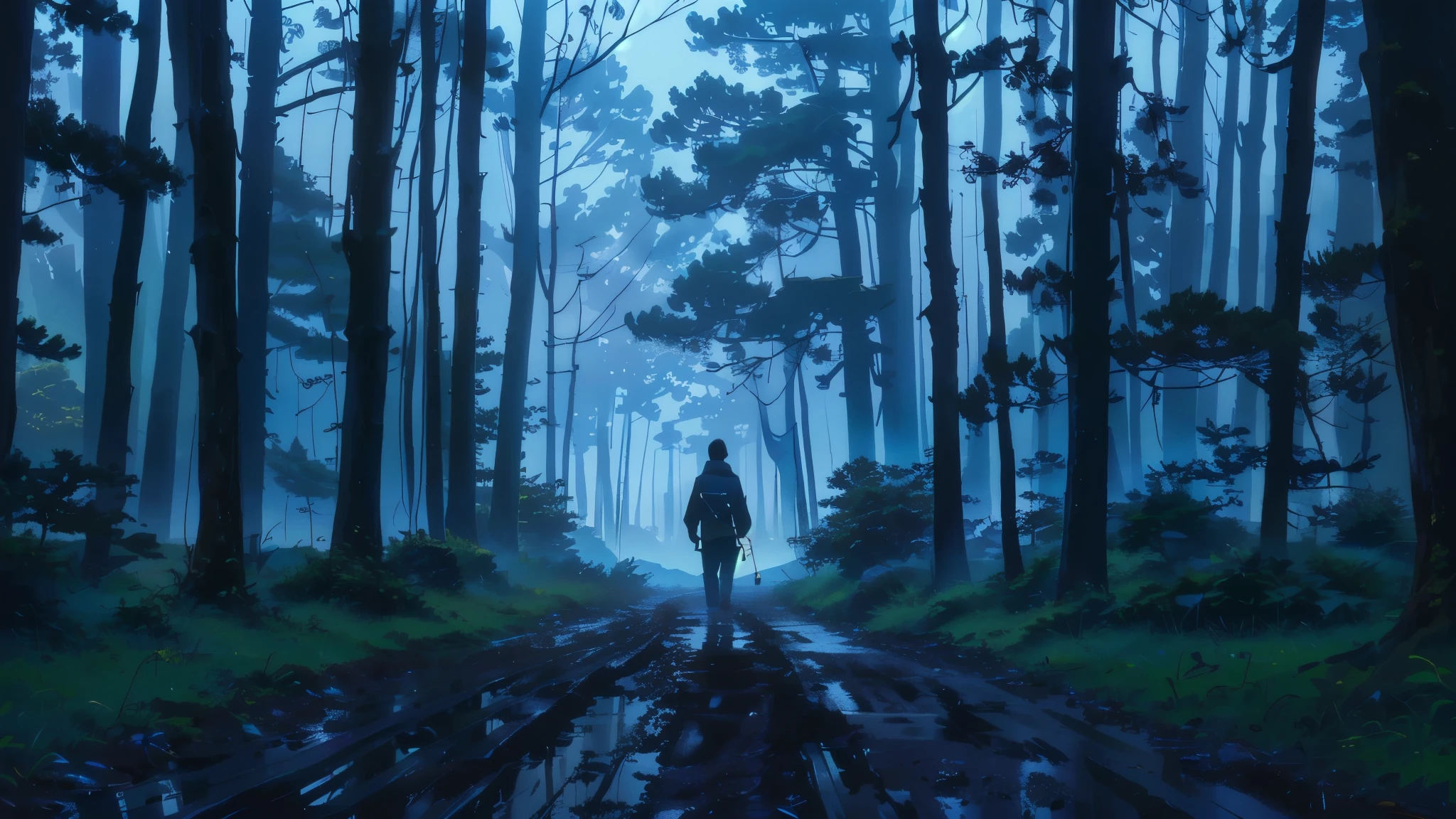 A man walking in a misty forest path, muddy path, silhouette against tall trees, blue twilight ambiance, gentle shadows, calm and introspective atmosphere, slight motion blur, deep depth of field, path reflecting light, overall serene and contemplative mood