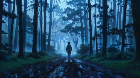 a man walking in a misty forest path, muddy path, silhouette against tall trees, blue twilight ambiance, gentle shadows, calm an...