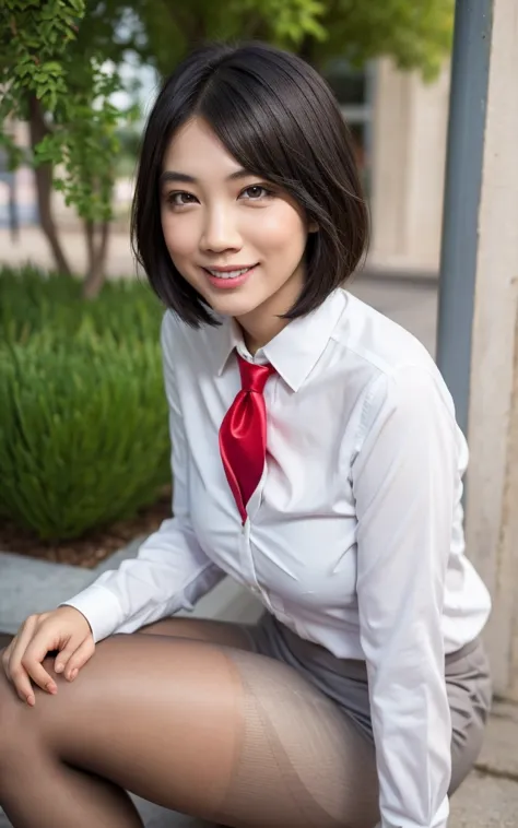 girl, hyper realistic, masterpiece, smile, portrait, bobhair, light gray pencil skirt suit, white shirt, red necktie, pantyhose