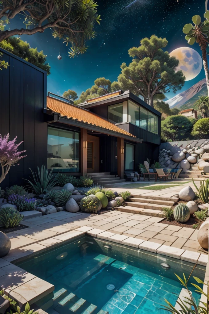 small and beautiful modern house in top of big boulders, terraces, pool, stairs, multiple cacti gardens, palms, trees, rocks, beautiful landscape design, mountains and volcano y background, amazing clouds, sun, moon, planets, milky way galaxy, concrete, wood, glass and steel materials, olive green, violet, orange and withe colors in facade