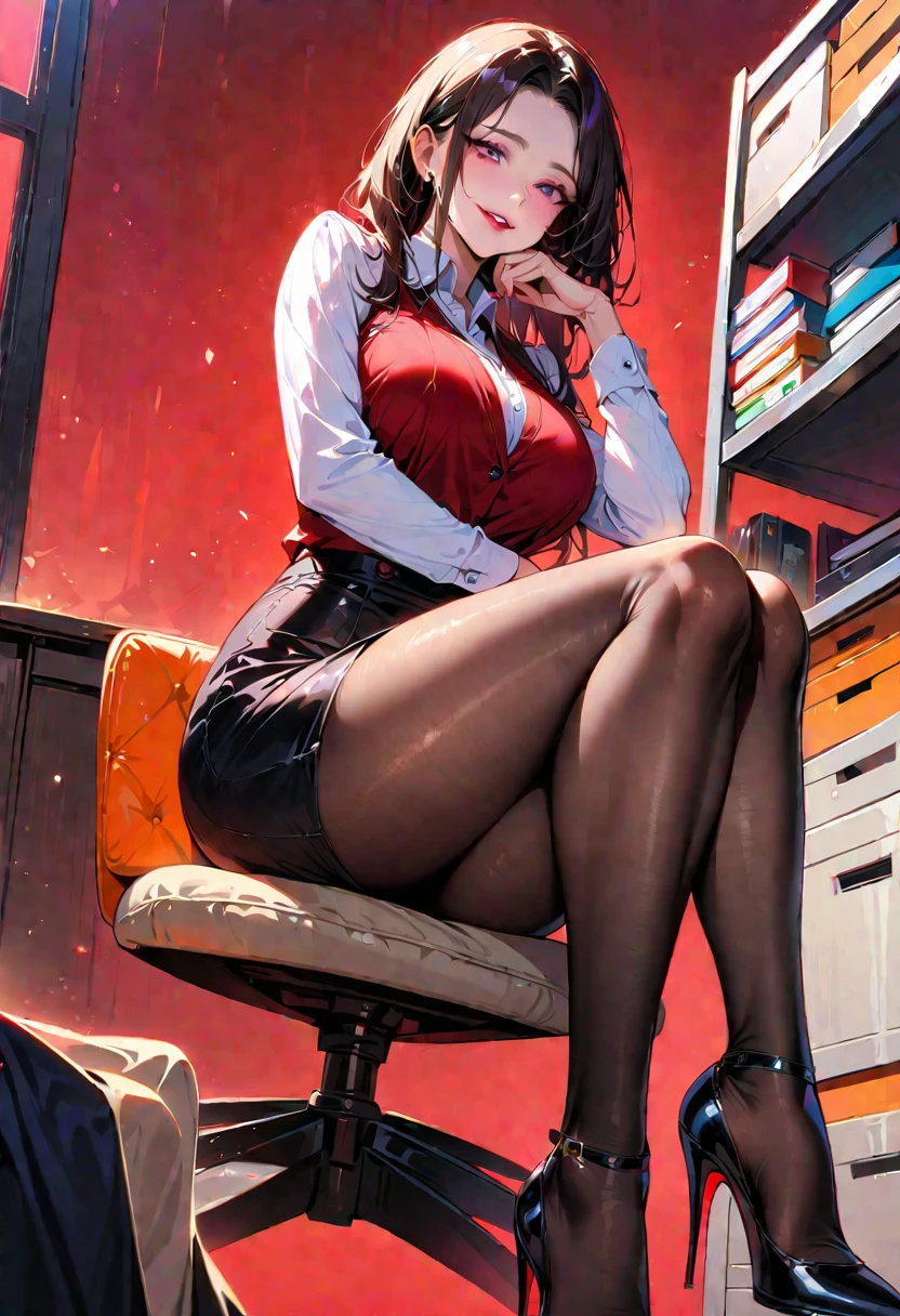 Young beautiful woman,(Highest quality,Extremely detailed depiction,Incredibly absurd high resolution,Anatomically accurate depiction,Curvy Legs,Detailed pupil,Shiny skin,Porcelain-like skin),(Office Lady,An excellent female secretary,Villainess),(business suit,Tight Skirt,Formal Shirt,High heels,Black Pantyhose,Luxurious accessories),eyelash,(Purple eyes,Detailed pupil,Half-closed eyes:1.5,Large Breasts,Wicked Smile,Glossy red lips,Sitting,Seductive gestures),whole body,(background:In the office),From below:1.3