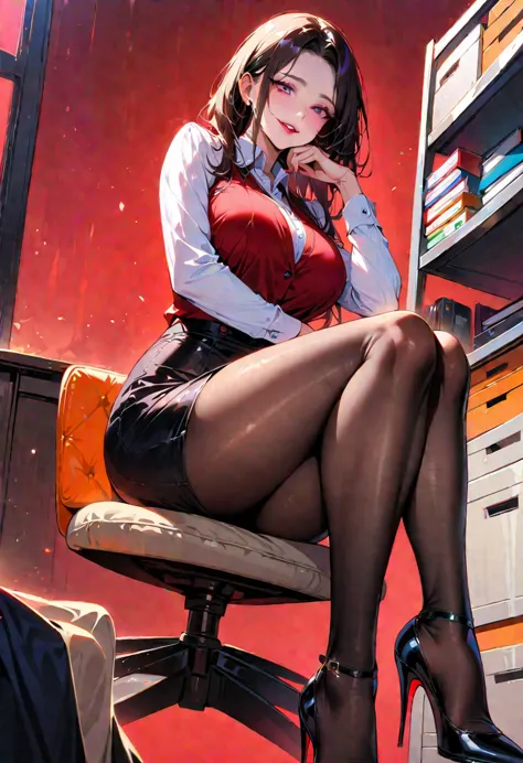 Young beautiful woman,(Highest quality,Extremely detailed depiction,Incredibly absurd high resolution,Anatomically accurate depiction,Curvy Legs,Detailed pupil,Shiny skin,Porcelain-like skin),(Office Lady,An excellent female secretary,Villainess),(business suit,Tight Skirt,Formal Shirt,High heels,Black Pantyhose,Luxurious accessories),eyelash,(Purple eyes,Detailed pupil,Half-closed eyes:1.5,Large Breasts,Wicked Smile,Glossy red lips,Sitting,Seductive gestures),whole body,(background:In the office),From below:1.3