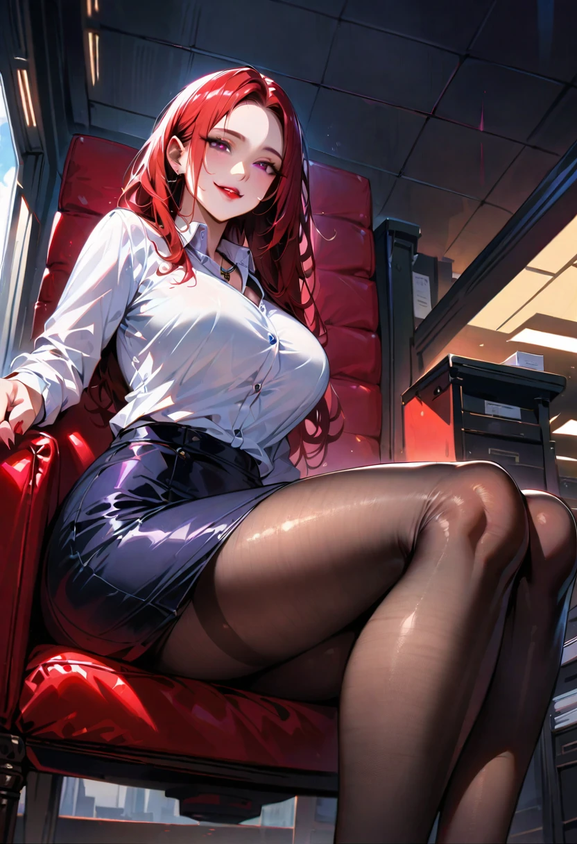 Young beautiful woman,(Highest quality,Extremely detailed depiction,Incredibly absurd high resolution,Anatomically accurate depiction,Curvy Legs,Detailed pupil,Shiny skin,Porcelain-like skin),(Office Lady,An excellent female secretary,Villainess),(business suit,Tight Skirt,Formal Shirt,High heels,Black Pantyhose,Luxurious accessories),eyelash,(Purple eyes,Detailed pupil,Half-closed eyes:1.5,Large Breasts,Wicked Smile,Glossy red lips,Sitting,Seductive gestures),whole body,(background:In the office),From below:1.3