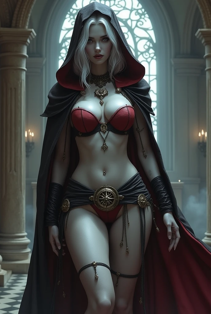 theme: ancient architecture, old gothic building, classic ancient architecture, (Female drow slave bikini chest covered)(smile) Gray skin, gigantic massive huge large big, breasts, (garter-belt:1.1), A large compass with light reflecting off it, hood, pale black short hair in hood, plasma eyes. She prefer's clothing of white and gold with cloaks of deep red or deep purple, grey smoke mist background, huge_knockers, ((very precise detailed)) ((highres)), gothic decorations wall, (from below:1.2)