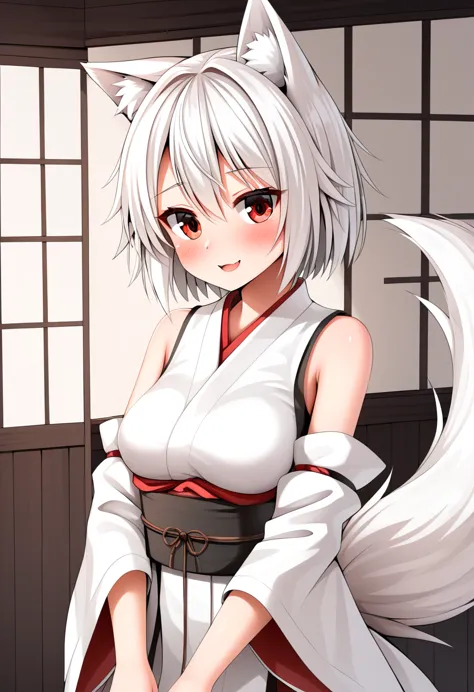 highest quality, masterpiece, high resolution, one person, {wubashiri_momiji_east:1.15}, animal_ear, wolf_ear, short_hair, red_e...