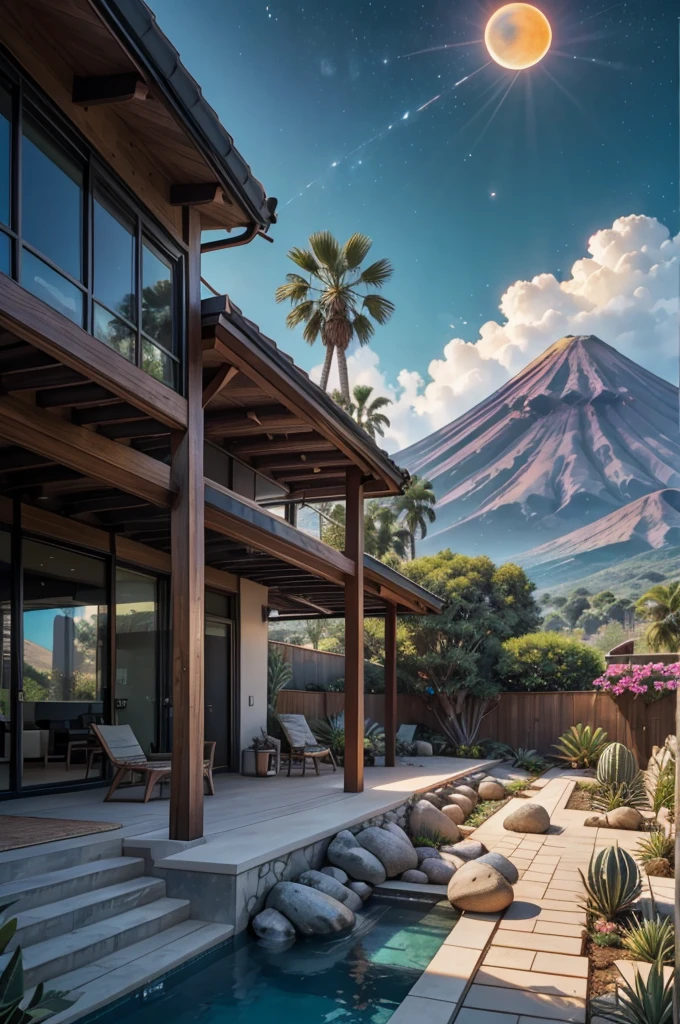 small and beautiful modern house in top of big boulders, terraces, pool, stairs, multiple cacti gardens, palms, trees, rocks, beautiful landscape design, mountains and volcano y background, amazing clouds, sun, moon, planets, milky way galaxy, concrete, wood, glass and steel materials, olive green, violet, orange and withe colors in facade