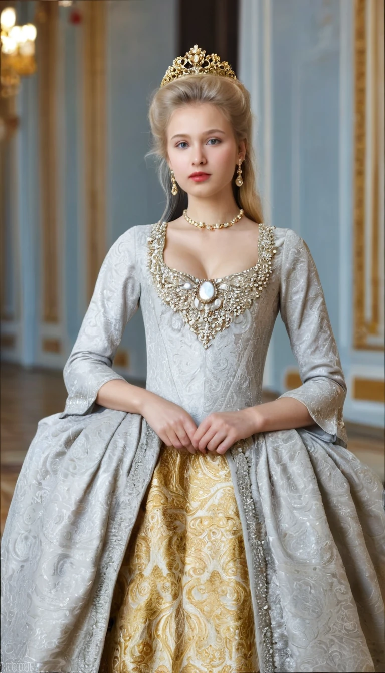 Front view , standing posture,  looking at camera, Russian girl, 1 old, (blond, Bank of China ,  Vins, Gray eyes, beautiful lips,  Serious),  gold crescent earrings, Golden neckless, (Large Breasts, slender whist, Wide hips, real public hair) ,(Rococo 18th century dress) , (gold earrings , pearl necklace. Diamond Crown), on the palace floor, In Moscow, textured skin , HI delicate skin, (Foreshortening, Canon, Ultra high quality, anatomically correct,  Super detailed, high detail, high, 