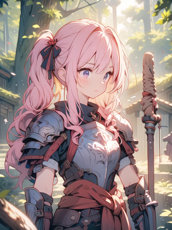 Highest quality、Absurd beauty、Accurate hand drawing、Detailed face、Pink Hair Girl、Twin tails、hunter、Leather Armor、Holding a bow、Quiver on waist、in the forest、Sunlight filtering through the trees