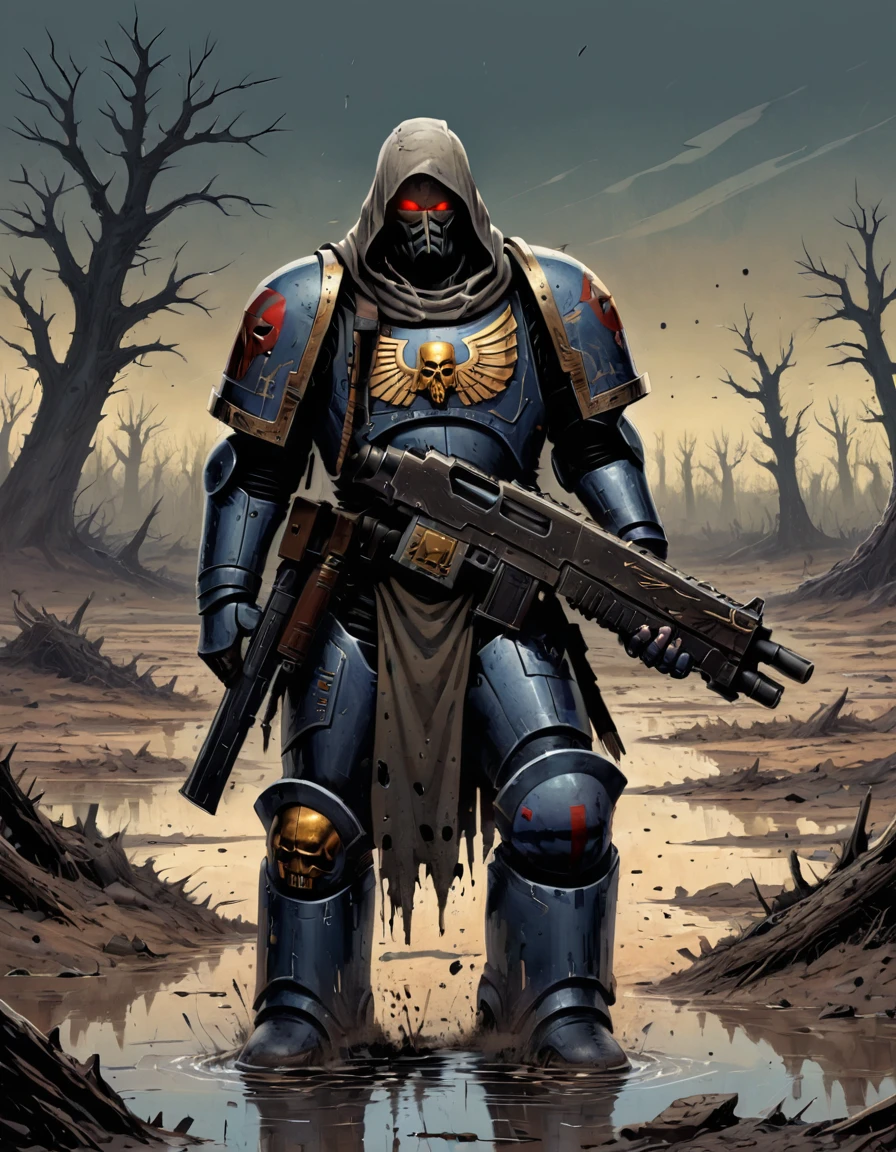 moebius inspired french comics artwork of a man wearing knight armor, holding bolter, full body, wearing hood, standing in a barren wasteland, ground pockmarked with craters, muddy water, trees stripped bare, splintered and uprooted distinct contrast in colors and textures, dramatic lighting,highly detailed,vibrant yet slightly desaturated,sense of motion,grainy texture