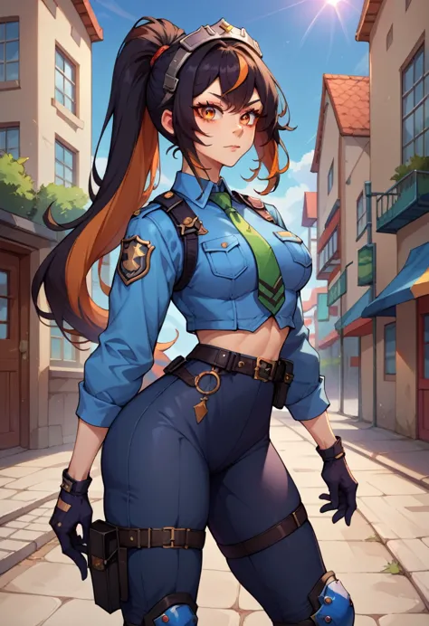 zhu yuan, orange eyes, black hair, long hair, streaked hair, ponytail, metal hairband, police uniform, blue jacket, cropped jack...