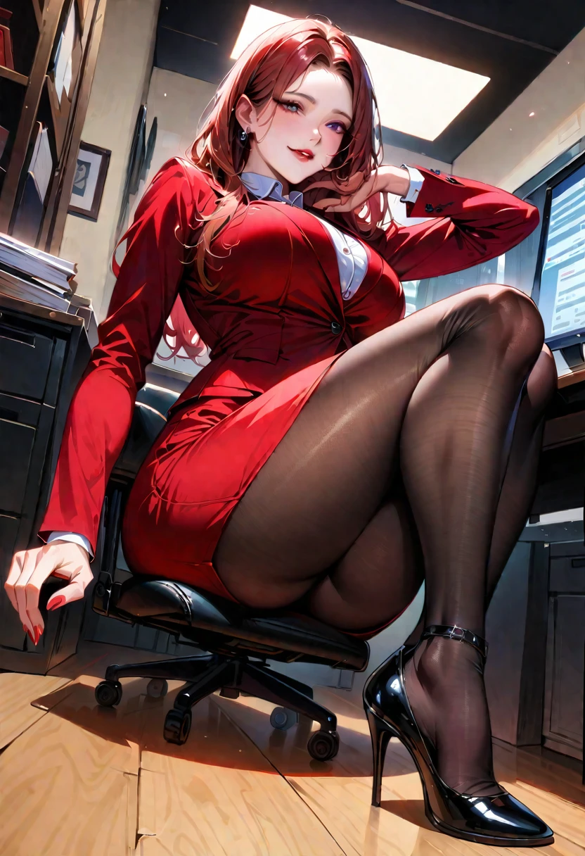 Young beautiful woman,(Highest quality,Extremely detailed depiction,Incredibly absurd high resolution,Anatomically accurate depiction,Curvy Legs,Detailed pupil,Shiny skin,Porcelain-like skin),(Office Lady,An excellent female secretary,Villainess),(business suit,Tight Skirt,Formal Shirt,High heels,Black Pantyhose,Luxurious accessories),eyelash,(Purple eyes,Detailed pupil,Half-closed eyes:1.5,Large Breasts,Wicked Smile,Glossy red lips,Sitting,Seductive gestures),whole body,(background:In the office),From below:1.3