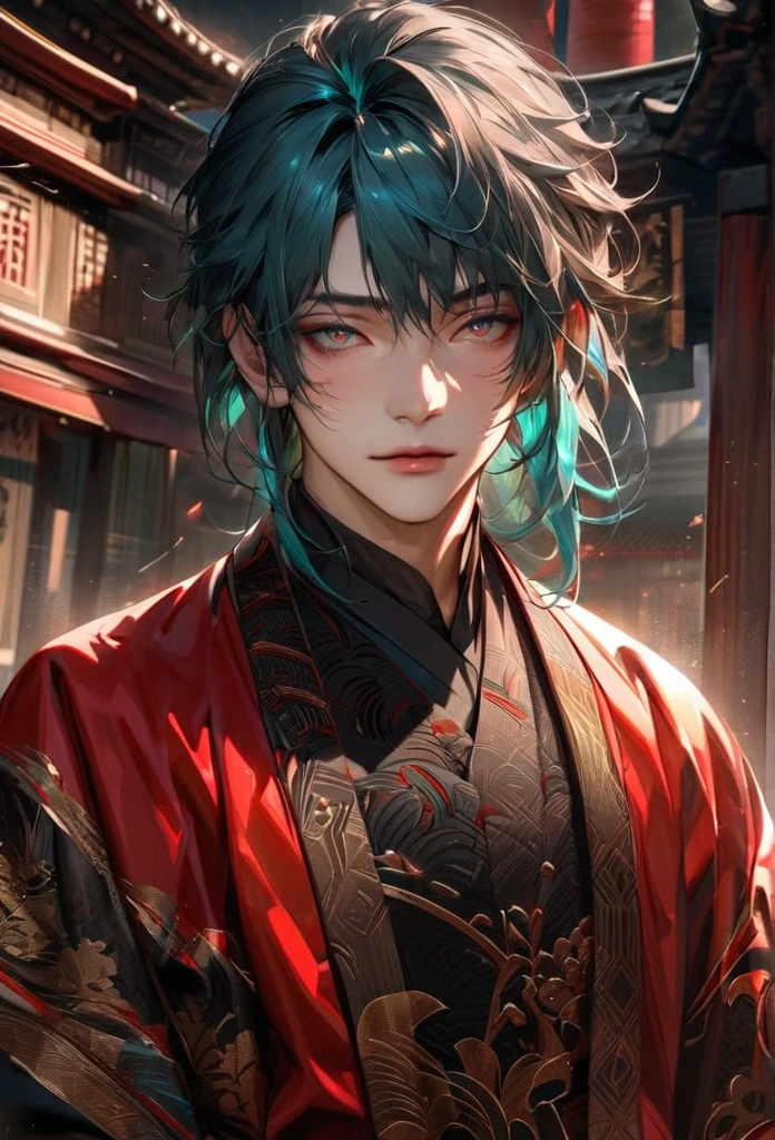 {MALE, MAN, YOUNG ADULT MAN } absurdres, highres, ultra detailed, HDR, master piece, best quality, extremely detailed face and eyes, perfect face, realistic face, beautiful eyes, Jiyan, aquamarine hair, expressive golden eyes, red jacket, balck shirt, patterns, solo, man, handsome. {old japanese temple background}{aquamarine HAIR} {WAIST SHOT}