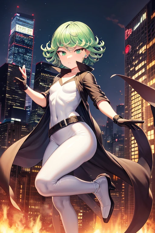 Masterpiece, best quality, ultra detailed, illustration, lighting epic, cinematic composition, 1 girl, Tatsumaki, short hair, green hair, very small breasts, green eyes, bright eyes, pouting, blushing, closed mouth, piercing gaze, full body, long beige trench coat, open trench coat showing his emblem, black fingerless gloves, white wristbands, white nanotechnology suit, white chest with emblem, black pants, white knee pads, metallic white shoes, superhero belt, nanotechnology in the air, city background, anime