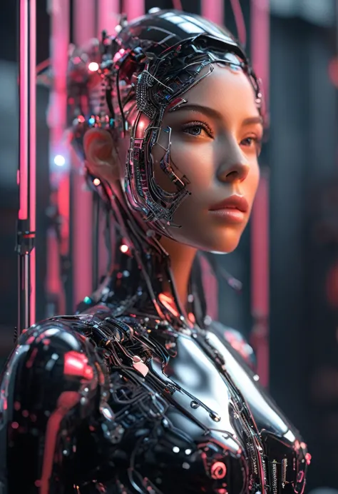 the image must be shot in ultra high resolution, create an ultra realistic image, 8k, futuristic beautiful full body cyborg with...