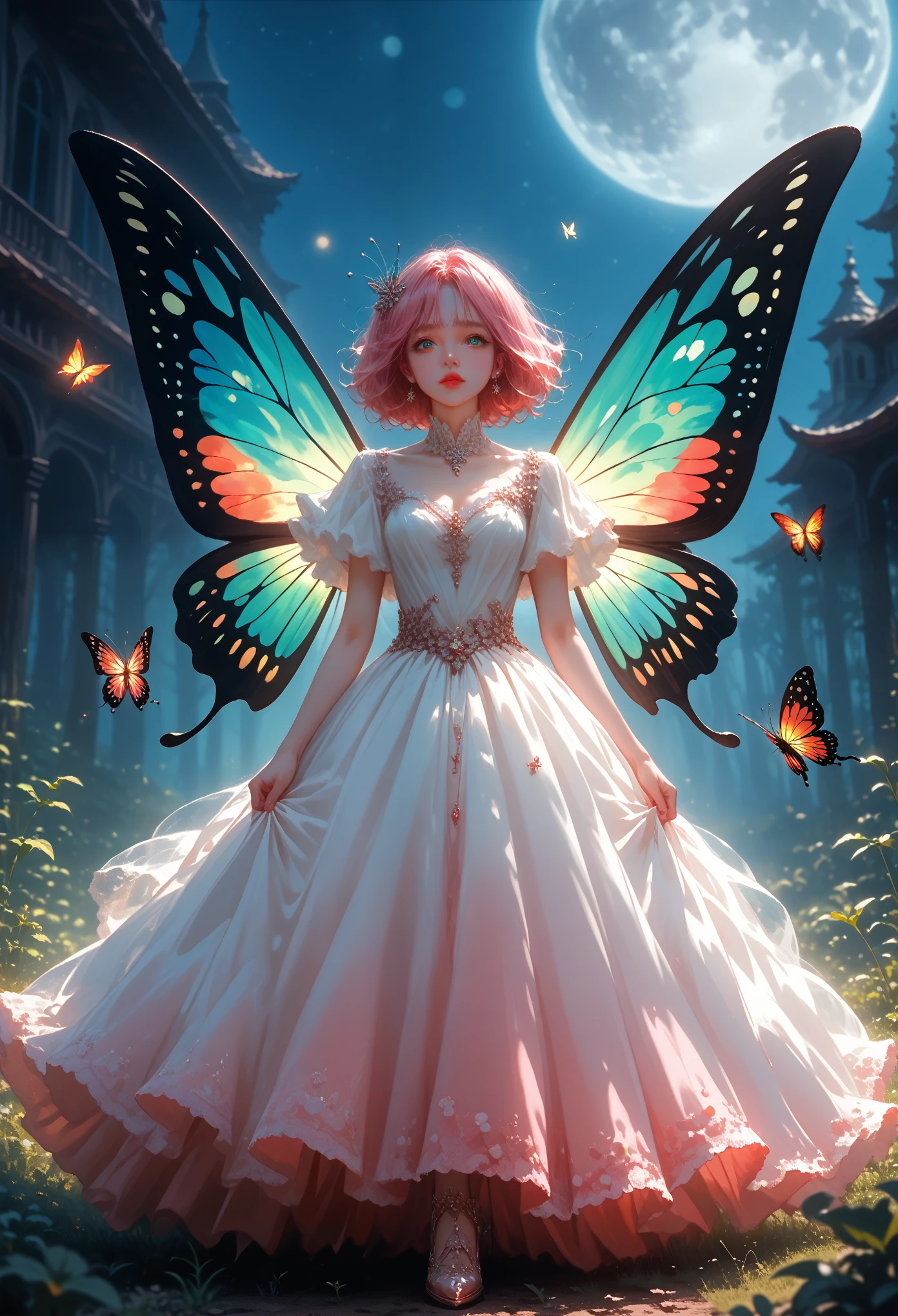 image of exquisite beautiful fairy, sitting on the (Bioluminescent mushroom: 1.4)  under the starry night sky in the forest, Dynamic angle (Ultra detailed, masterpiece, Best quality), Ultra detailed face (Ultra detailed, masterpiece, Best quality), ultra feminine, fare, pink hair, Wavy hair, Dynamic eye color, sparkling eyes, intense eyes, Red lips, in a white dress, elegant silk dress (Ultra detailed, masterpiece, Best quality), butterfly wings (Ultra detailed, masterpiece, Best quality), wear high heeled boots, phosphorous glowing  Bioluminescent mushroom, sky full of stars background, moon, play up the details, Best quality, 8 K, [Ultra detailed], masterpiece, Best quality, (Ultra detailed), whole body, ultra wide shot, photorealism, fantasy art, gl0w1ngR,,score_9, score_8_up, score_7_up, dramatic lighting, highly detailed, high budget, bokeh, cinemascope, moody, epic, gorgeous, film grain, grainy, masterpiece, best quality, perfect anatomy, very aesthetic, official art, 8k