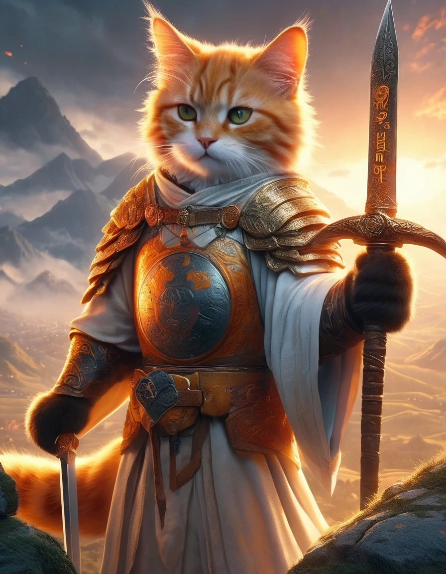 official art, Harmony wallpaper 8K, Superb details, beautiful and beautiful, Masterpiece, best quality, Go to the movies《Lord of the Rings》Style of，Epic war scenes，Cat Warrior，An orange cat wearing elaborate armor，Holding a long sword，In combat，great wall of china background，Texture，Ray Tracing，16ก