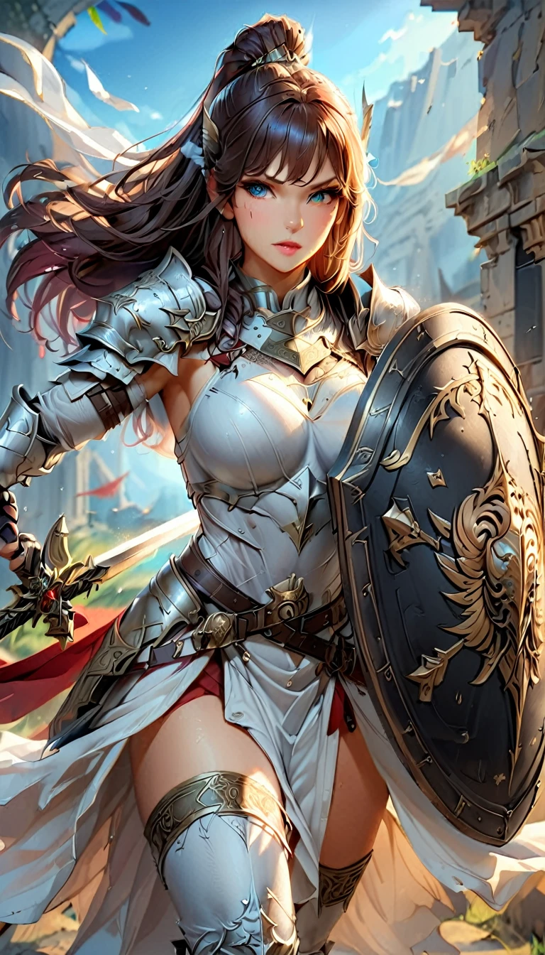 (masterpiece:1.3, best quality,best quality,Very detailed:1.2),(Best Illustration),8K,wallpaper,(Written border depth),(1 female:1.6),(Ancient Greece),(spartan female warrior:1.4),(Pretty Face,Face it bravely,beautiful eyes,Beautiful hair),muscular,pocket,armor,(Sword and Shield ready for battle:1.6),(Roar:1.6),(Sword and Shield:1.6),(Beautiful hands:1.6),(Detailed hand:1.6),(((hand,detailed,perfect,perfection,hand))),(The background is the Marathon Plain:1.6),(Blurred background:1.6)