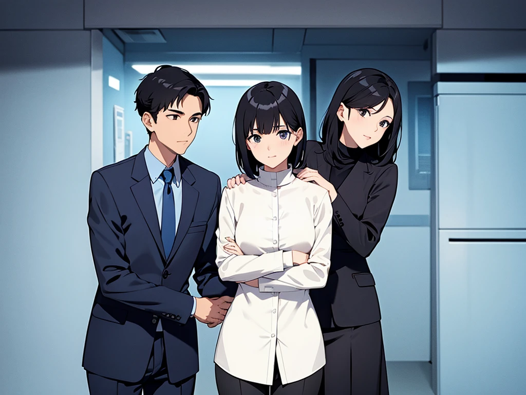 Two people are standing close together., A man with short black hair and a black suit, white button-up shirt, And the women wear blue ties, The other one is long, Straight black hair, Wearing a tight-fitting red turtleneck sweater. The background is a clear blue sky, Creating a bright and comfortable atmosphere. A woman is putting her arm around the shoulder of a man in a suit.., I suggest a comfortable and friendly pose..