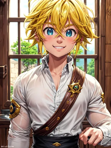 masterpiece, best quality, ultra-detailed, illustration, 1boy, solo, male focus, looking at viewer, upper body, , meliodas_nanat...