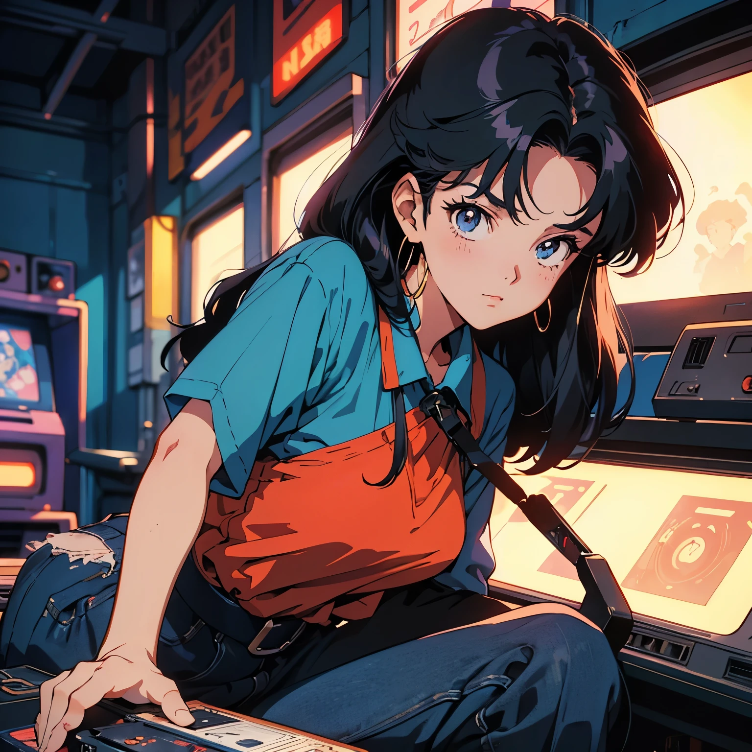 Retro arcade anime woman, Anime atmosphere of the 80s, 80s anime style, Retro Anime Girls, 1980's anime style, Retro anime images, Anime atmosphere, beautiful art in 1990s anime style, classic anime, retro anime, still frame, cell shaded, VHS quality, grainy, ultra detailed, a girl in combat, gainax style, high quality, best quality, grainy, artgerm, noir atmoshpere