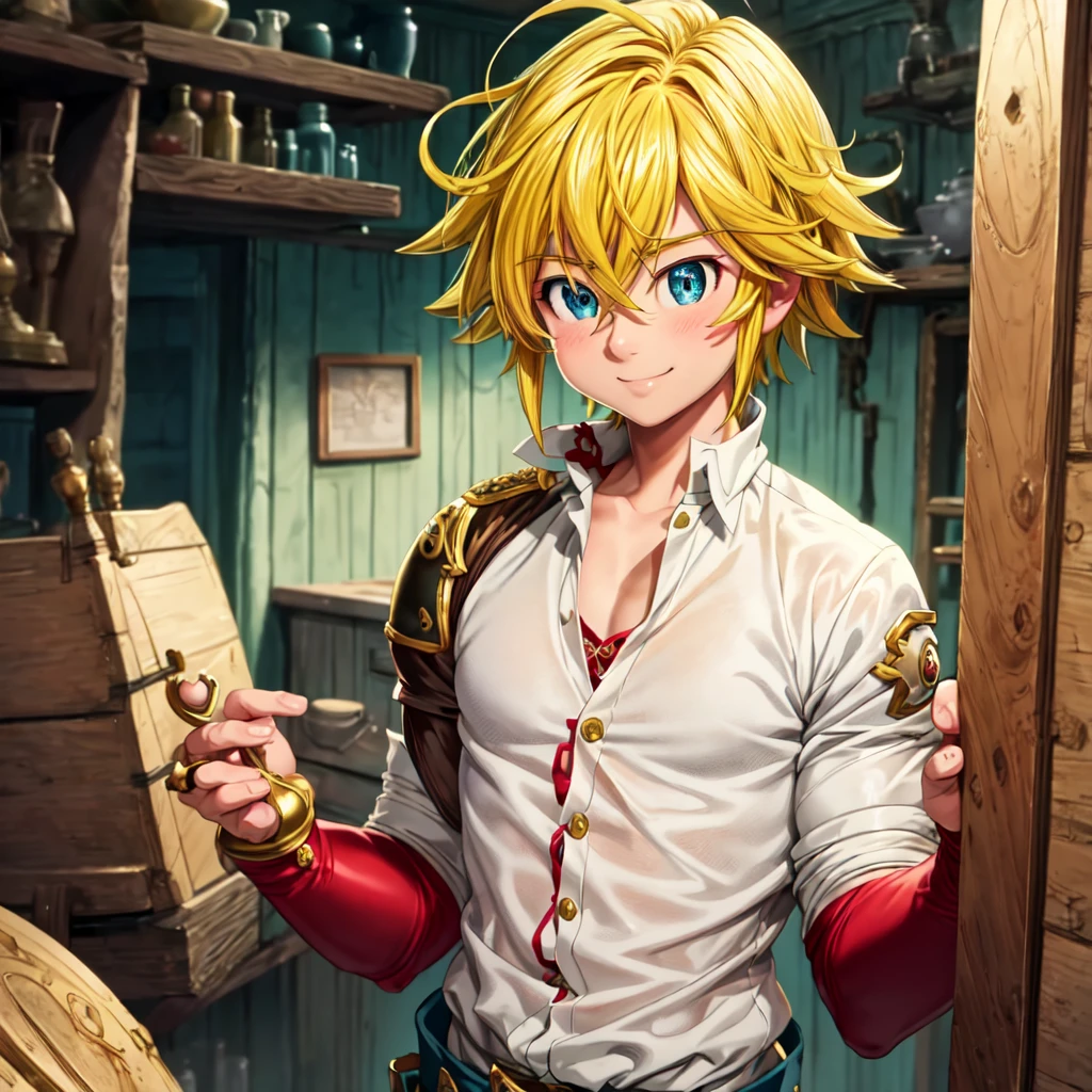 masterpiece, best quality, ultra-detailed, illustration, 1boy, solo, male focus, looking at viewer, upper body, , meliodas_nanatsu_no_taizai, blonde hair, blu eyes, jacketBlue eyes, Blonde Hair, without a shirtBlush, Smile, 