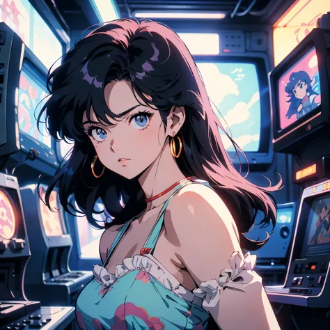 retro arcade anime woman, anime atmosphere of the 80s, 80s anime style, retro anime girls, 1980's anime style, retro anime image...