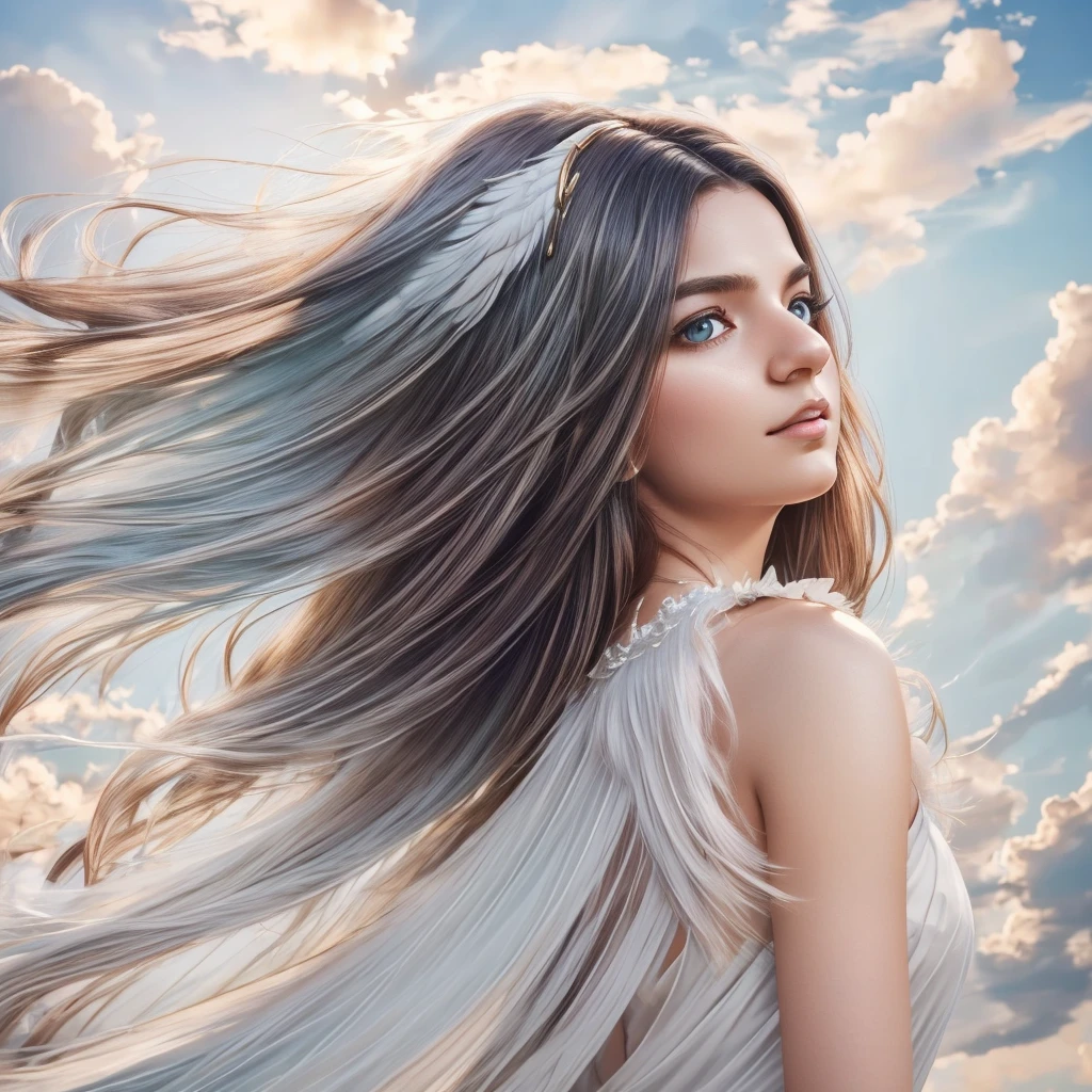 A beautiful girl in a white frock, with a white Persian cat with angelic wings, floating gracefully among the clouds, (best quality,4k,8k,highres,masterpiece:1.2),ultra-detailed,(realistic,photorealistic,photo-realistic:1.37),highly detailed portrait,enchanting, serene expression, long flowing hair, delicate features, intricate folds in the dress, feathery cat wings, wispy clouds, golden sun rays, soft pastel colors, dramatic lighting, cinematic composition