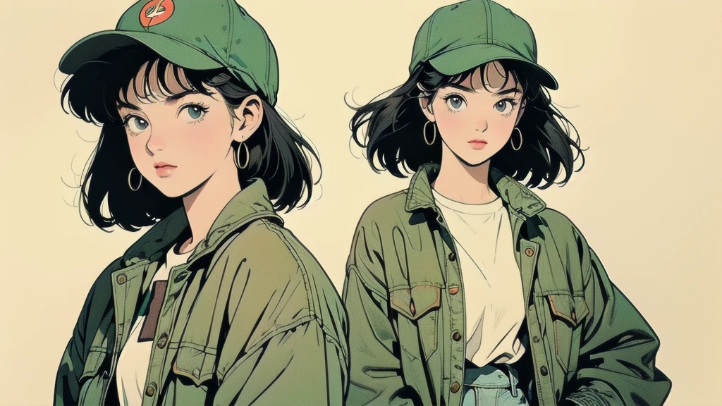 Create an illustration featuring a young woman with long black hair, wearing a green military-style jacket and a beige baseball cap. She is standing in front of an old, orange retro truck from the 1980s. The scene should have a relaxed, vintage vibe, reminiscent of 1980s aesthetics with a touch of modern Lo-Fi style. The background should be slightly blurred, focusing attention on the character and the truck, evoking a nostalgic, laid-back atmosphere1girl, Solo, 1girl, 