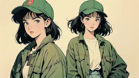 create an illustration featuring a young woman with long black hair, wearing a green military-style jacket and a beige baseball ...