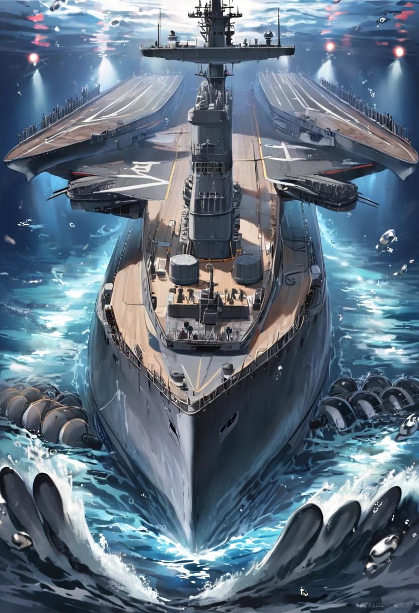 Dynamic, Underwater, Enormous military submarine, Metalic black, red blinking lights, submarine aircraft carrier, Military, Masterpiece